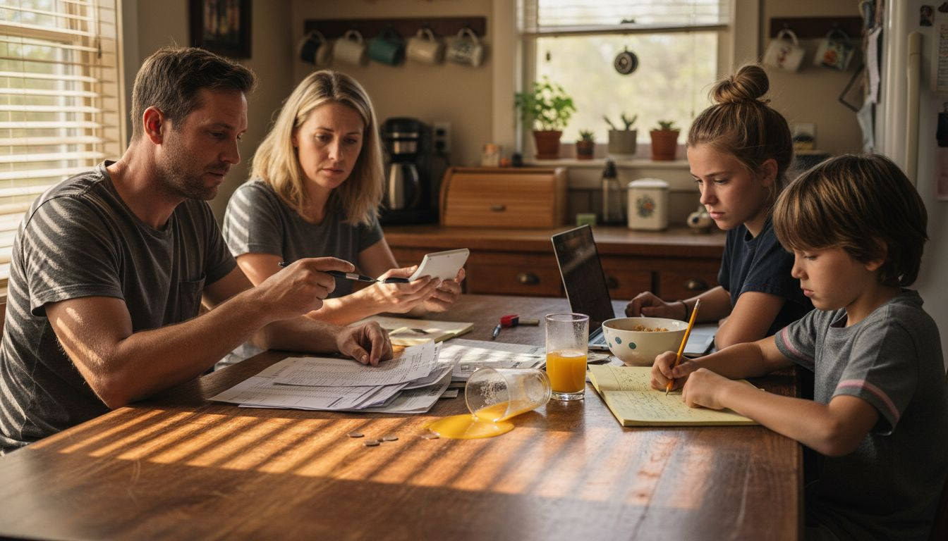 Family reviewing finances at kitchen table