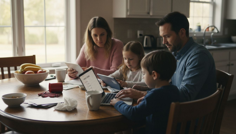 Family organizing schedules around kitchen table