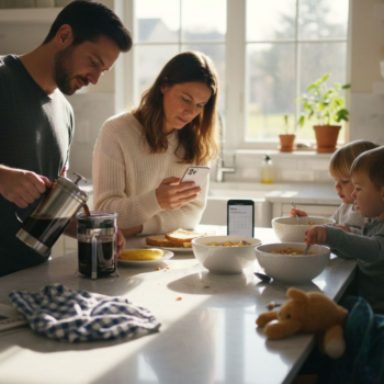 Parents juggling tasks in busy morning kitchen