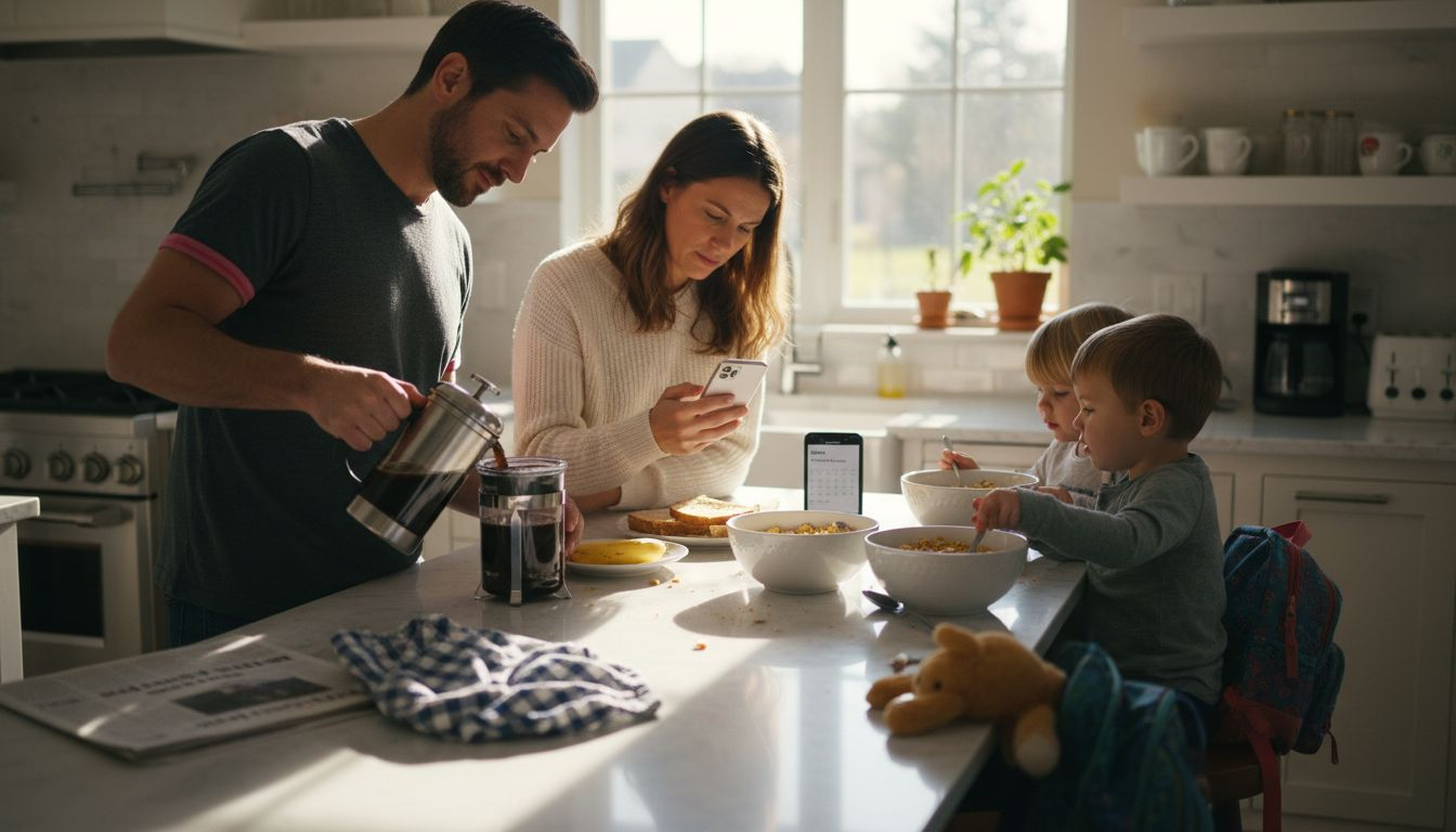 Parents juggling tasks in busy morning kitchen