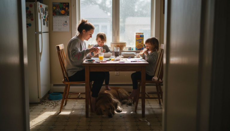 Family sharing breakfast in bright kitchen