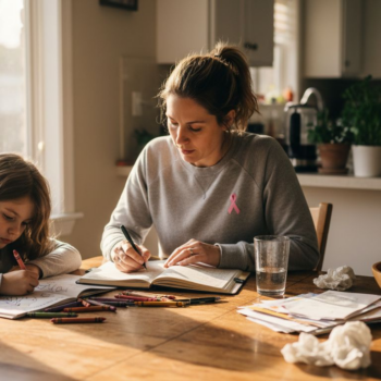 Mother and child planning day at kitchen table