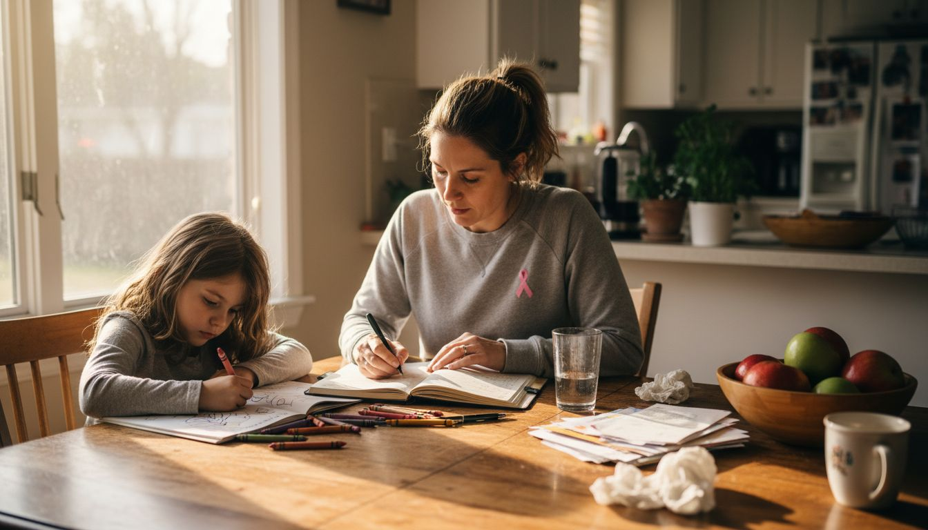 Mother and child planning day at kitchen table