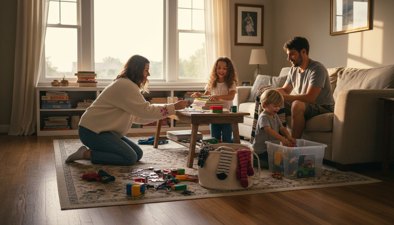 Family cleaning sunlit living room together