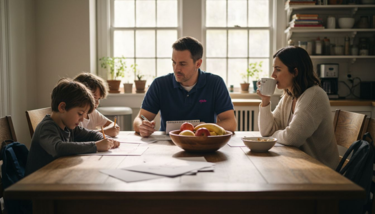 Family meeting at kitchen table in morning