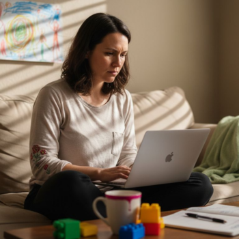 Mom blogging on couch with child’s artwork and daily clutter