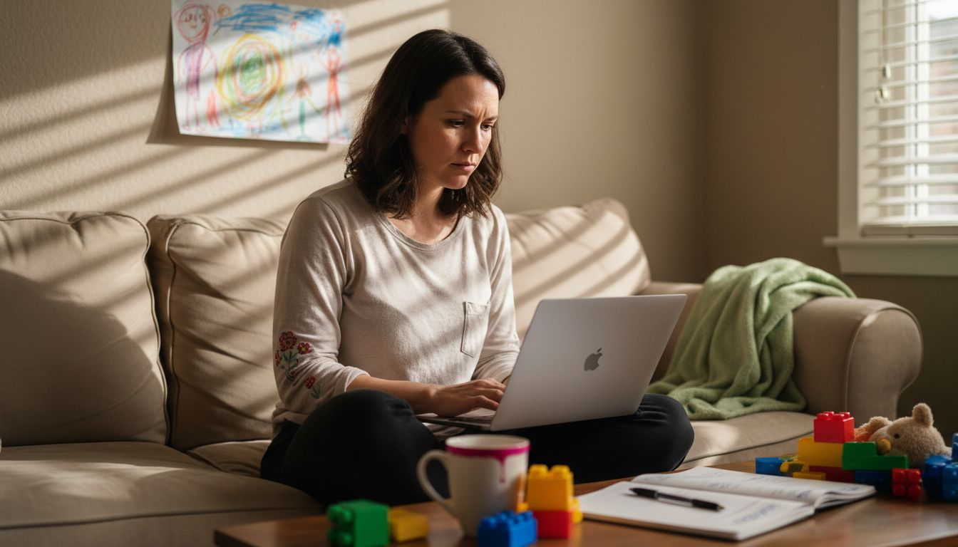 Mom blogging on couch with child’s artwork and daily clutter