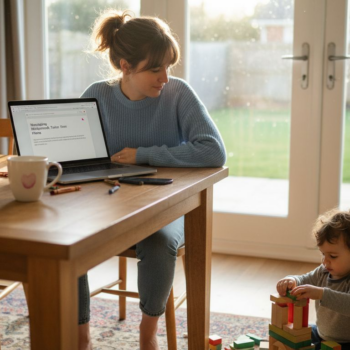 Mom blogs at kitchen table with toddler nearby