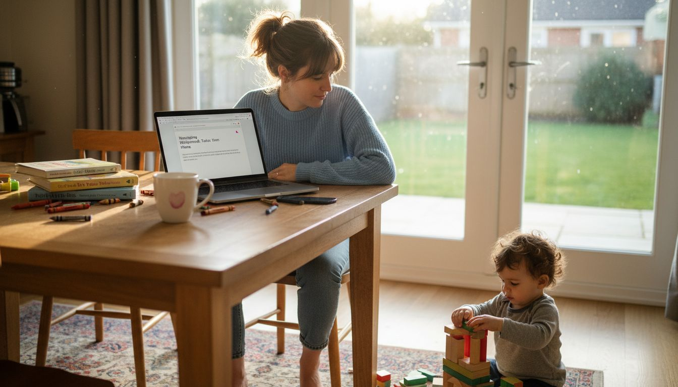 Mom blogs at kitchen table with toddler nearby