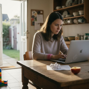 Mother writing blog at messy kitchen table