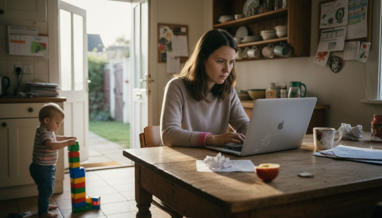 Mother writing blog at messy kitchen table