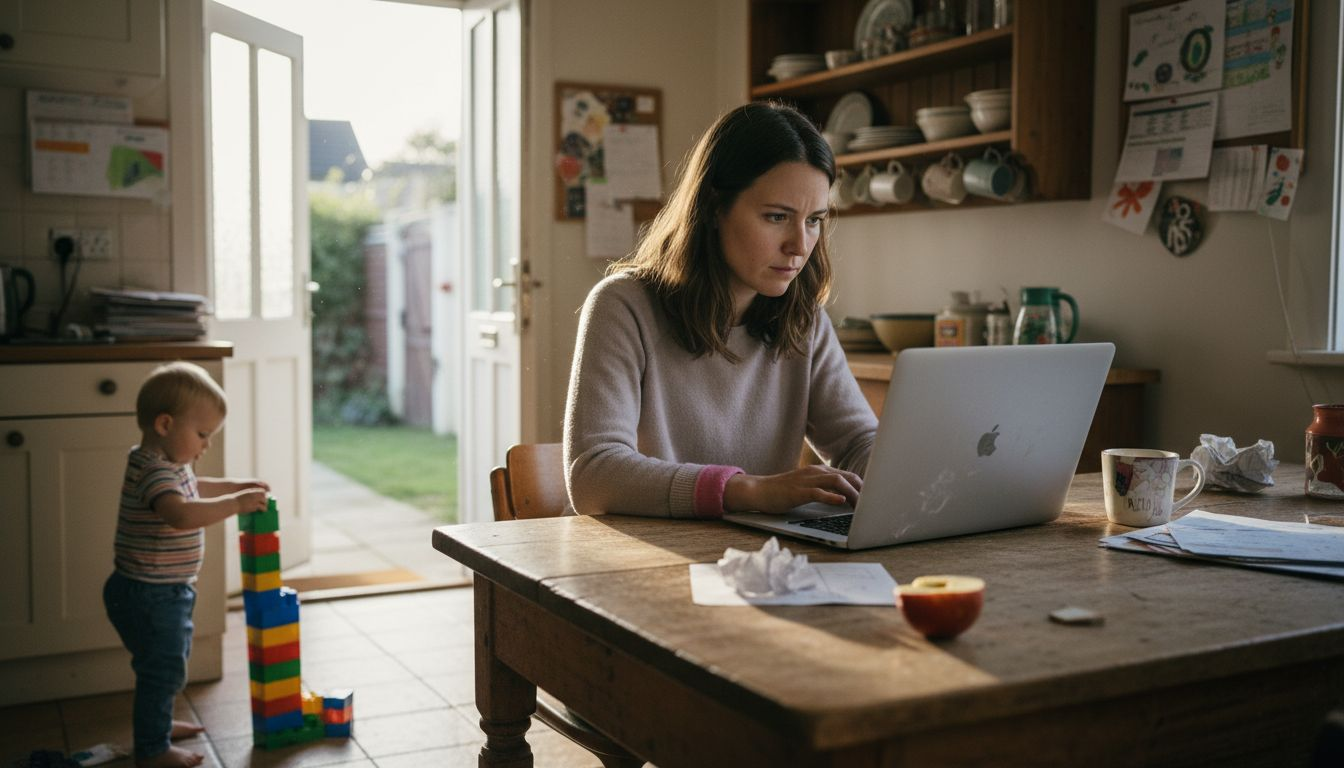 Mother writing blog at messy kitchen table