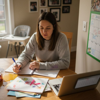 Parent updating blog calendar at kitchen table
