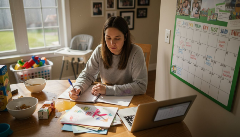 Parent updating blog calendar at kitchen table