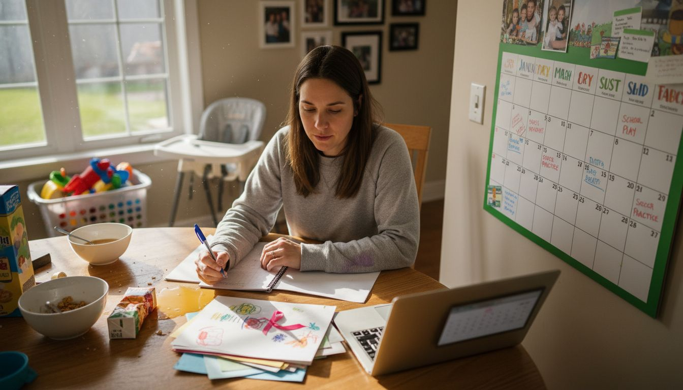 Parent updating blog calendar at kitchen table