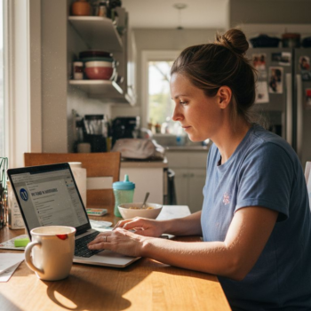 Mom blogger updating WordPress at home kitchen table