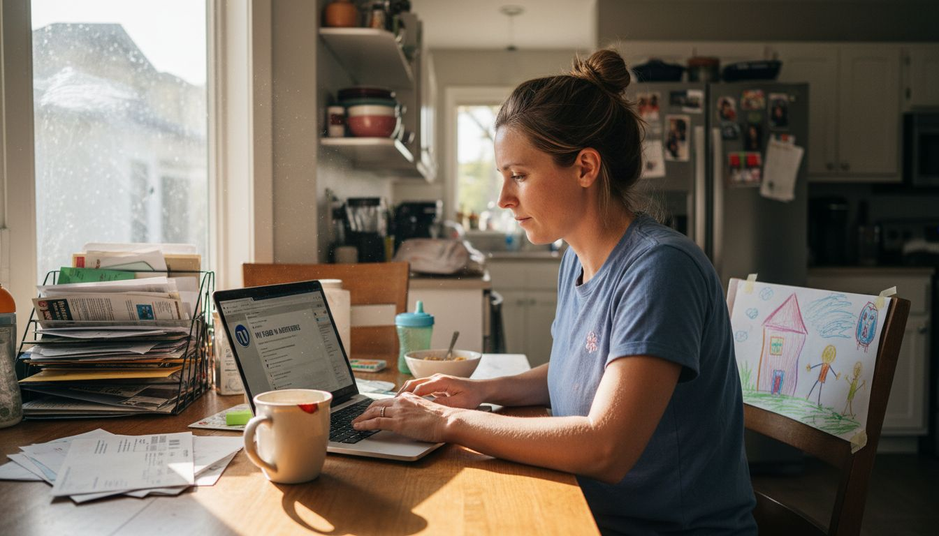 Mom blogger updating WordPress at home kitchen table