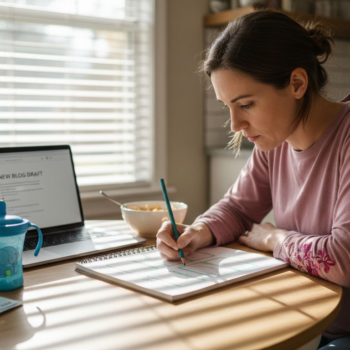 Woman sketching blog layout at kitchen table