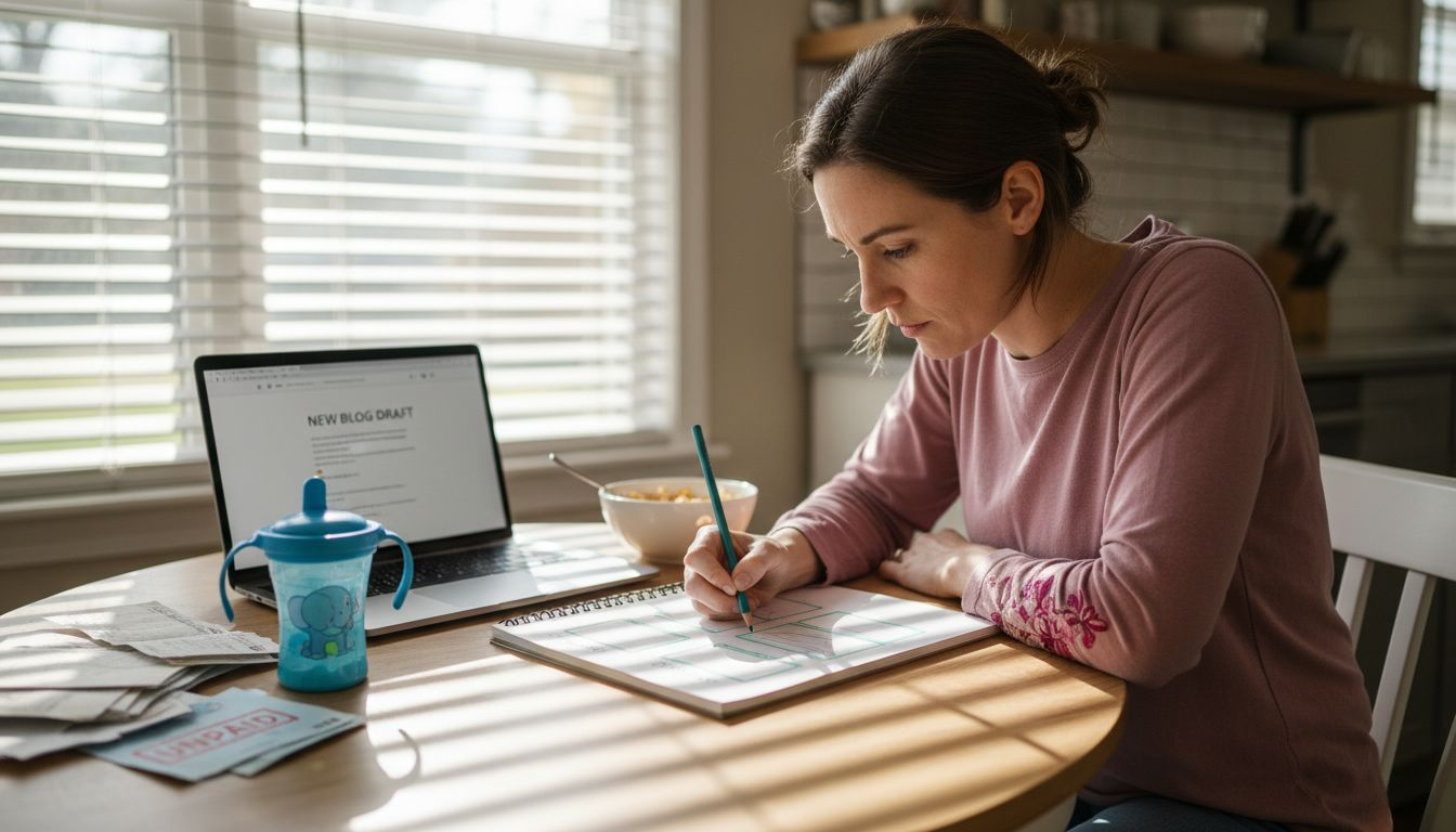 Woman sketching blog layout at kitchen table