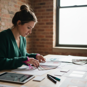Woman prepares business branding workspace