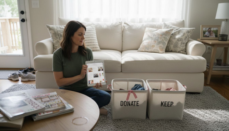 Woman browsing Pinterest amid home organization bins