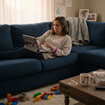 Woman browsing Pinterest in cozy evening living room