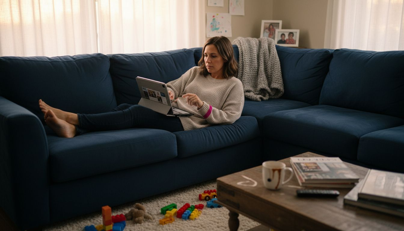 Woman browsing Pinterest in cozy evening living room