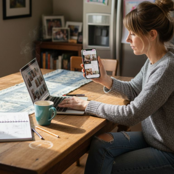 Woman working on Pinterest group boards at kitchen table