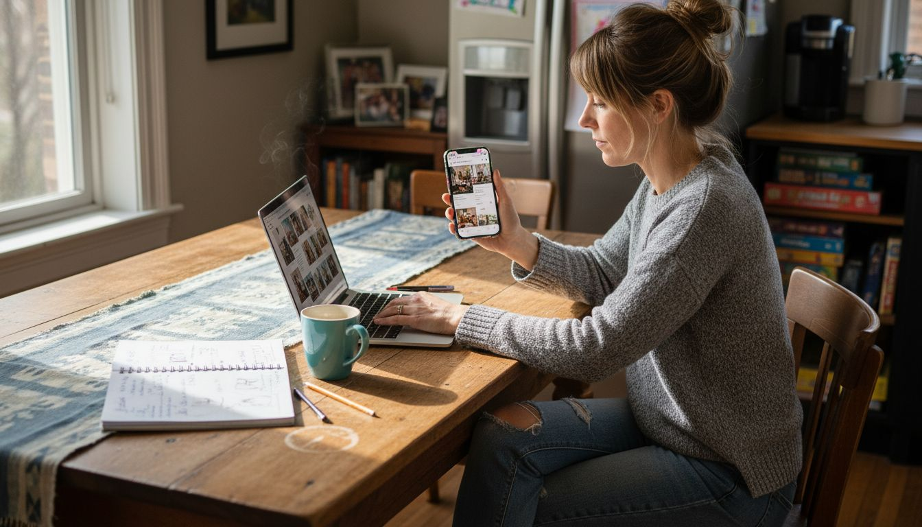 Woman working on Pinterest group boards at kitchen table