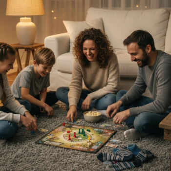 Family playing board games in cozy living room