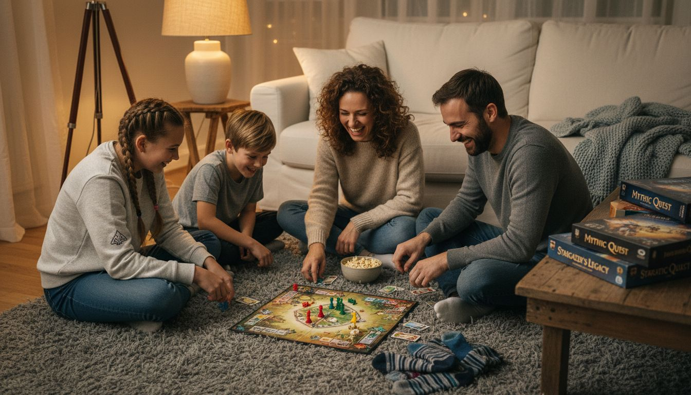 Family playing board games in cozy living room