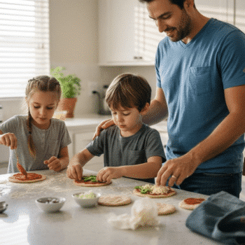 Family making mini pizzas in bright kitchen