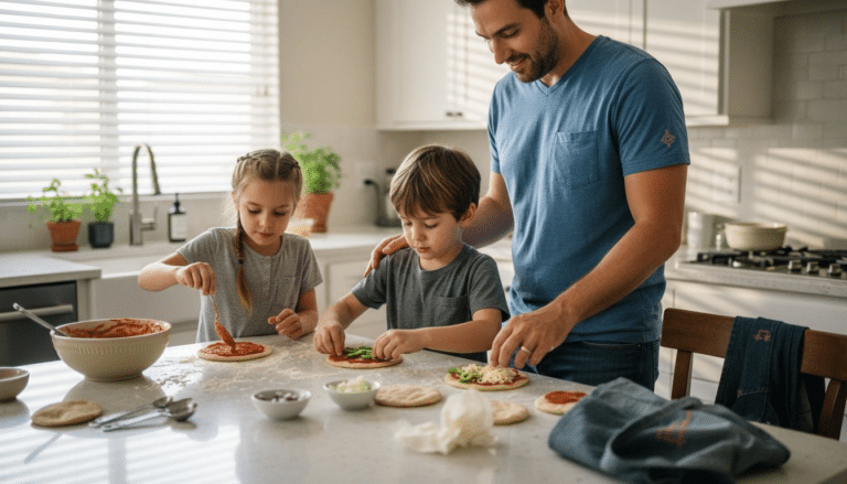 Family making mini pizzas in bright kitchen
