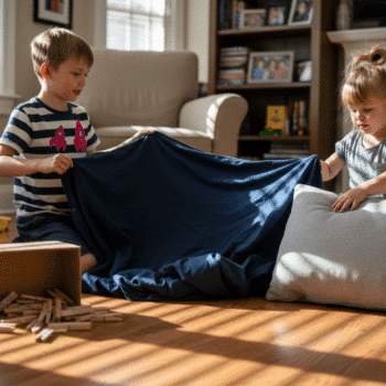 Kids gathering supplies to build indoor fort