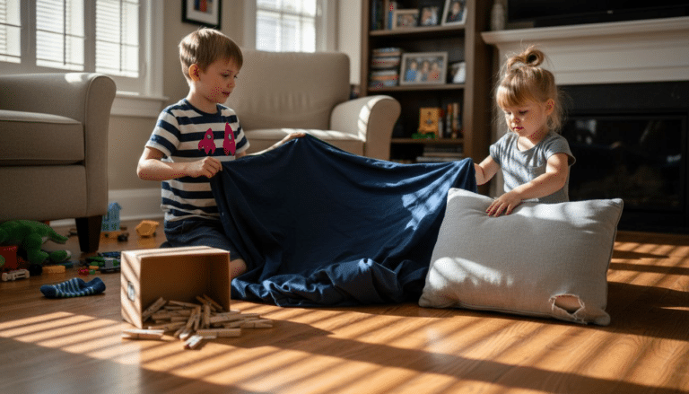 Kids gathering supplies to build indoor fort