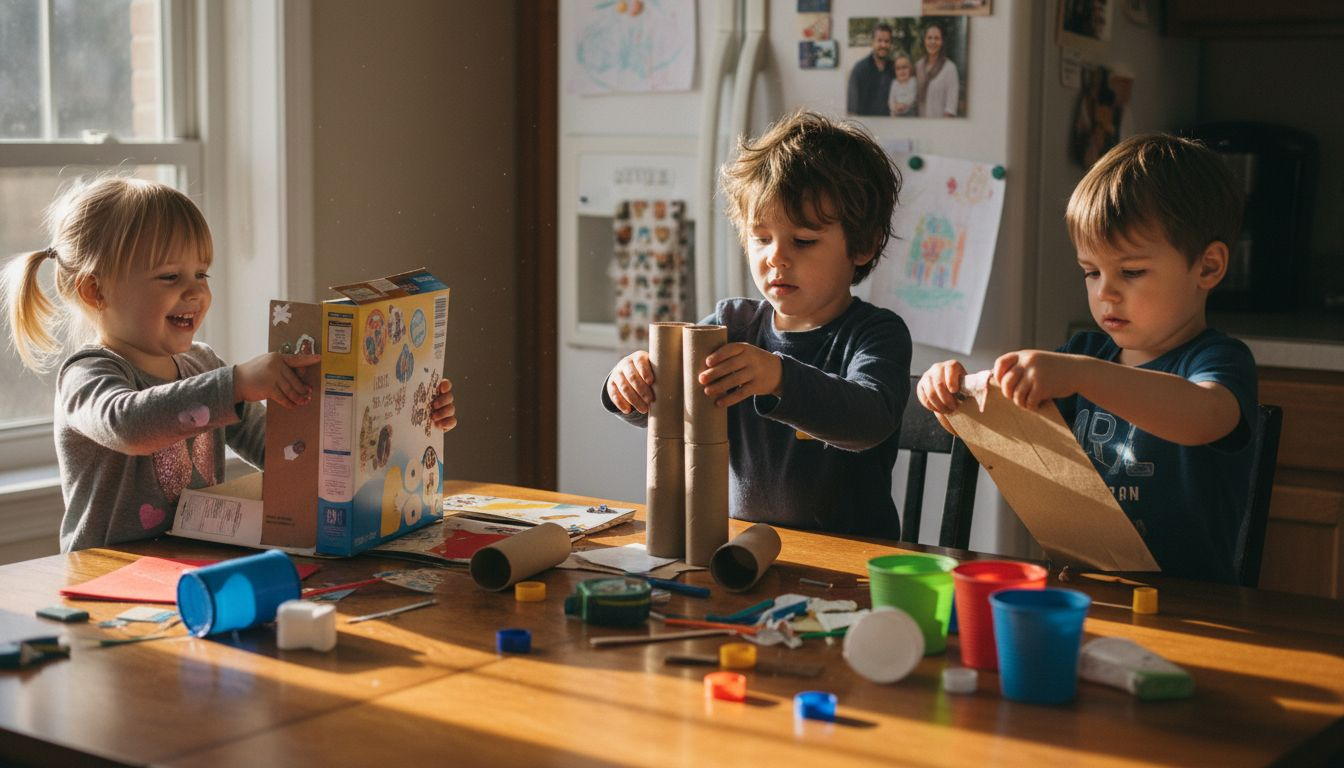 Kids crafting with household materials at kitchen table