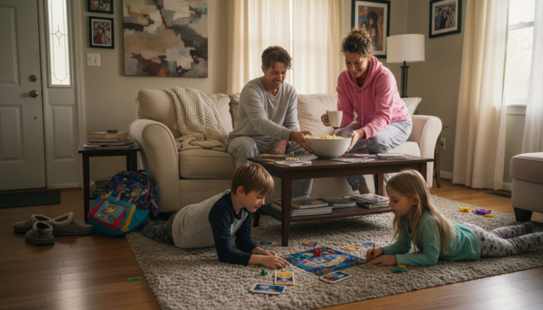 Family enjoying casual indoor staycation morning