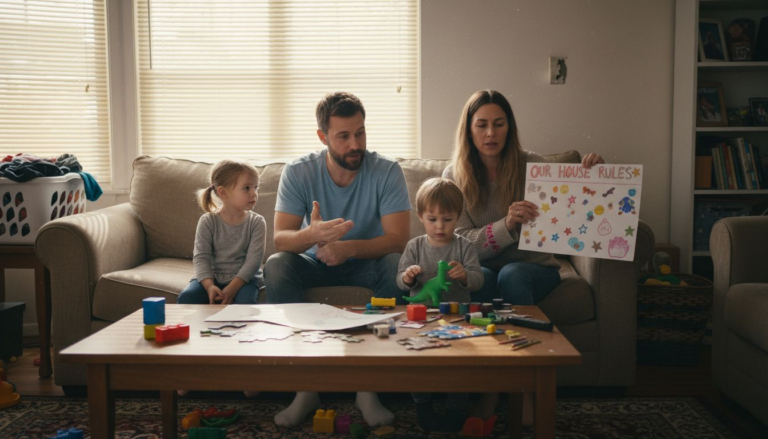 Parents and children discuss family rules together