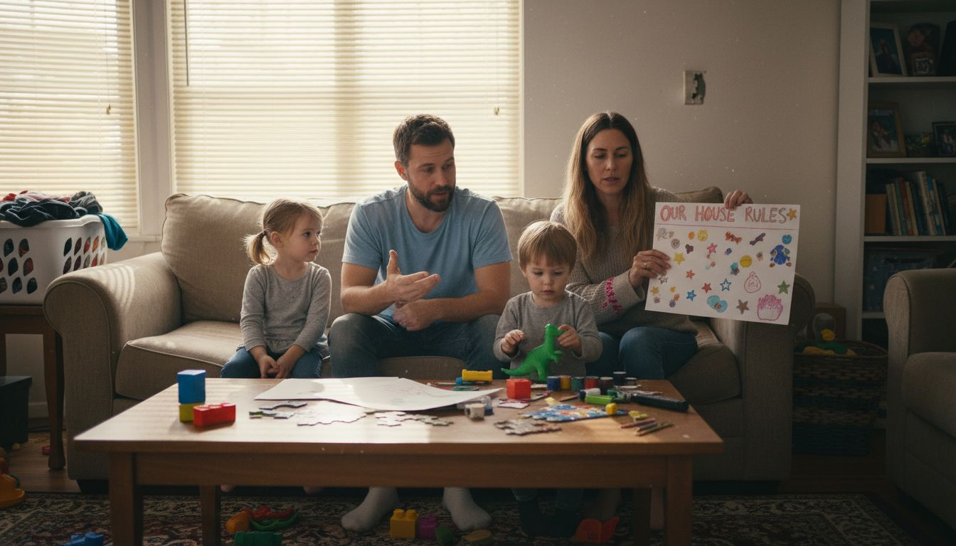 Parents and children discuss family rules together