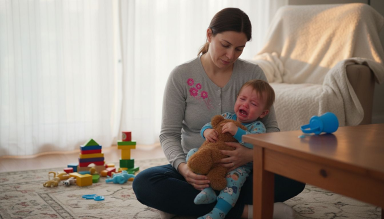 Mom comforting upset toddler during tantrum at home