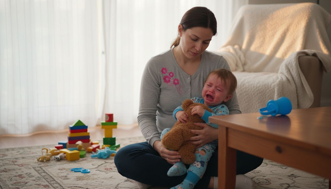 Mom comforting upset toddler during tantrum at home