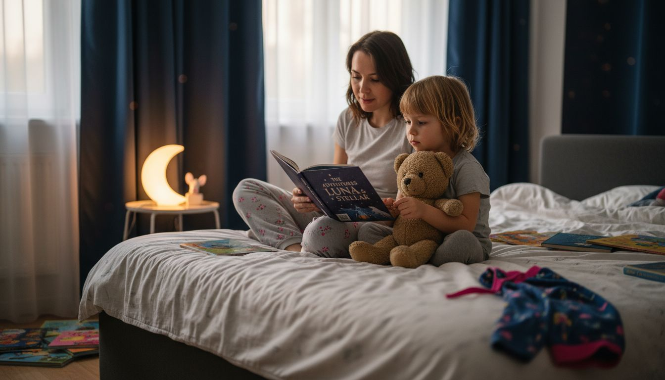 Parent reads bedtime story in cozy bedroom