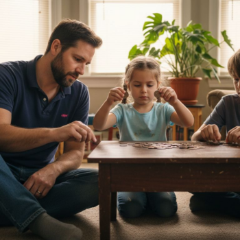 Family counting coins in living room