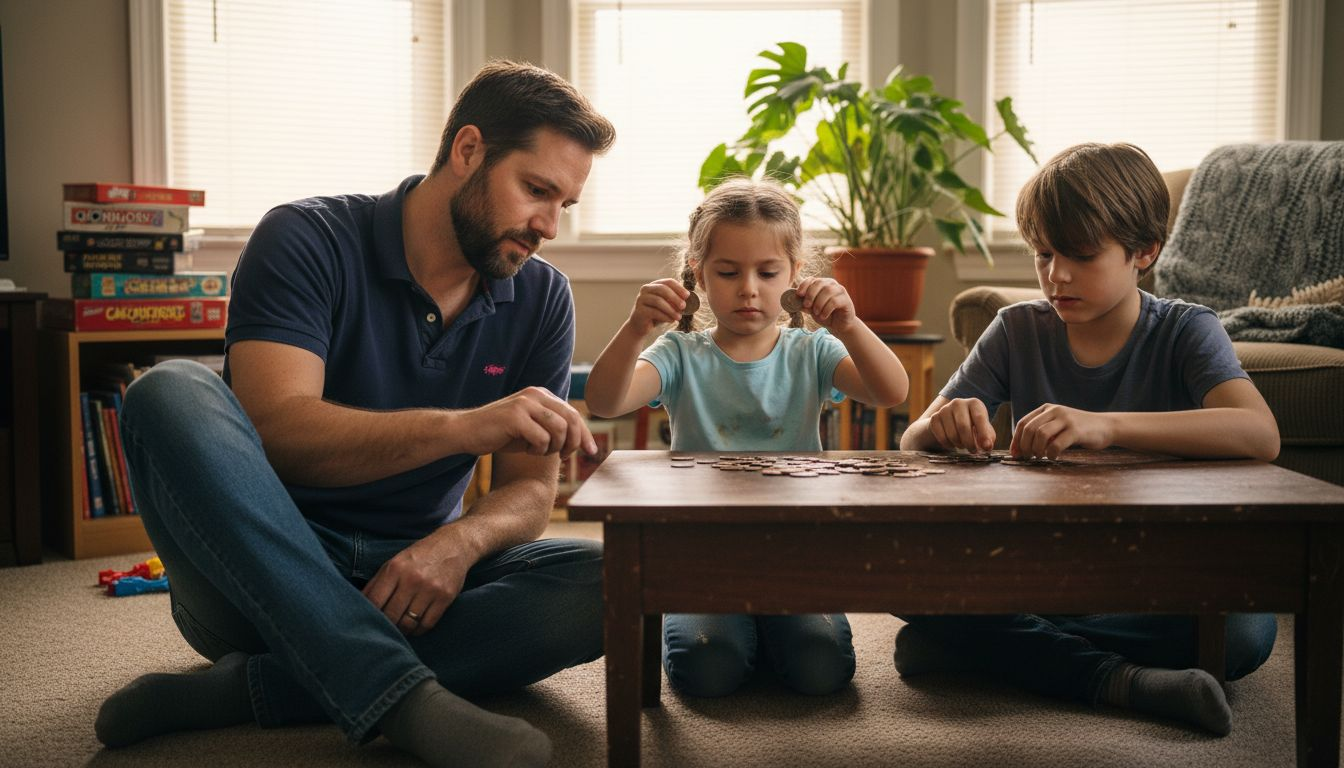 Family counting coins in living room