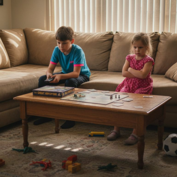 Two siblings in conflict on living room sofa