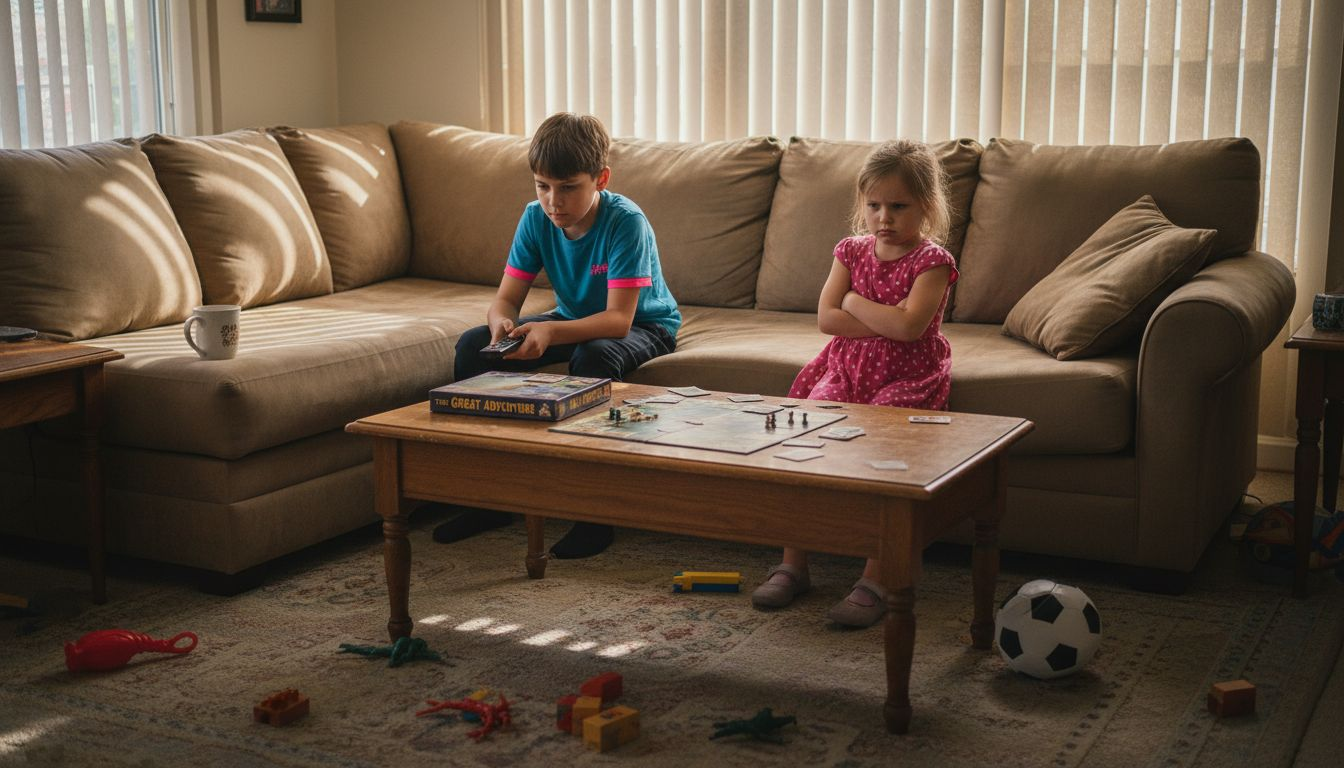 Two siblings in conflict on living room sofa