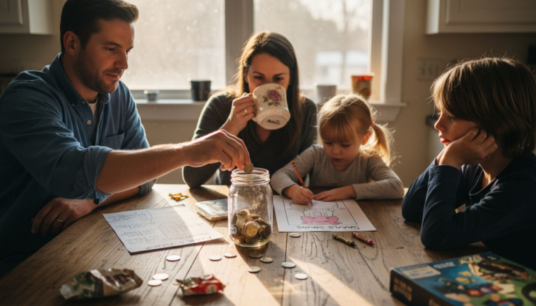 Family gathers coins at kitchen table to save