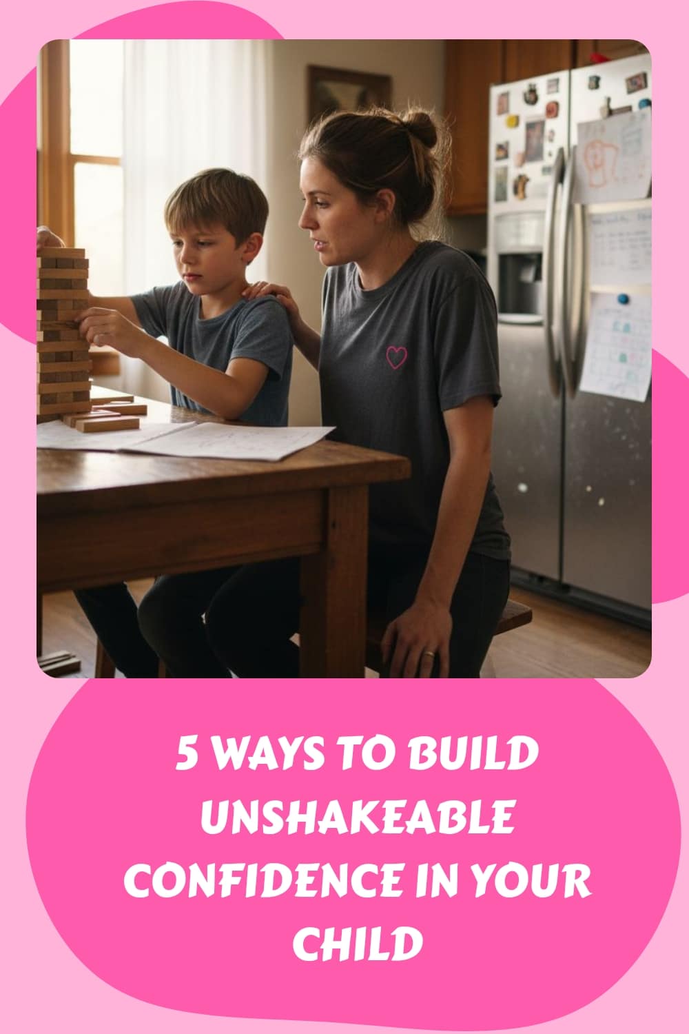 A woman and a young boy play a game of Jenga at a kitchen table, both focused and engaged. Text below reads: 5 Ways to Build Unshakeable Confidence in Your Child.