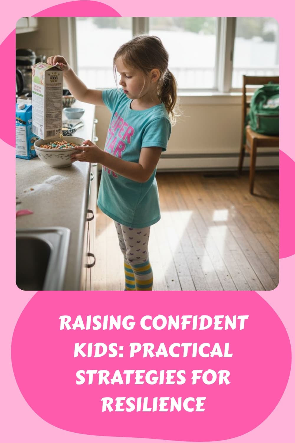 A young girl pours cereal into a bowl at a kitchen counter. Text below reads: Raising Confident Kids: Practical Strategies for Resilience.