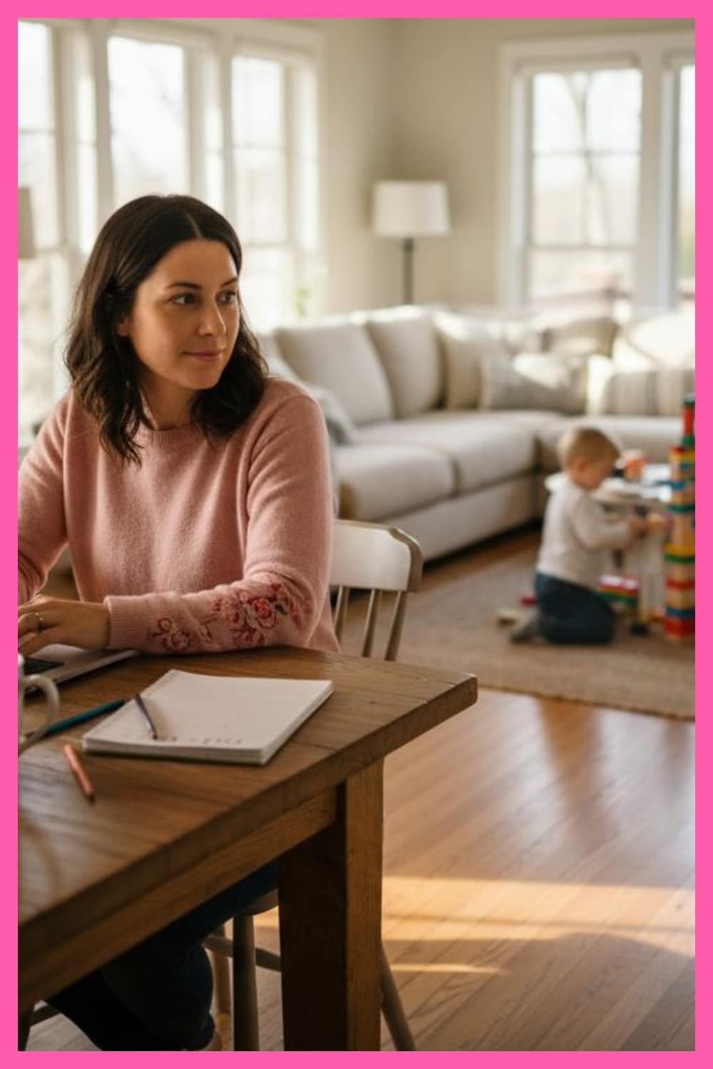 A woman in a pink sweater sits at a table with a notebook and laptop, looking to the side. In the background, a child plays with colorful blocks on the floor in a bright, cozy living room.